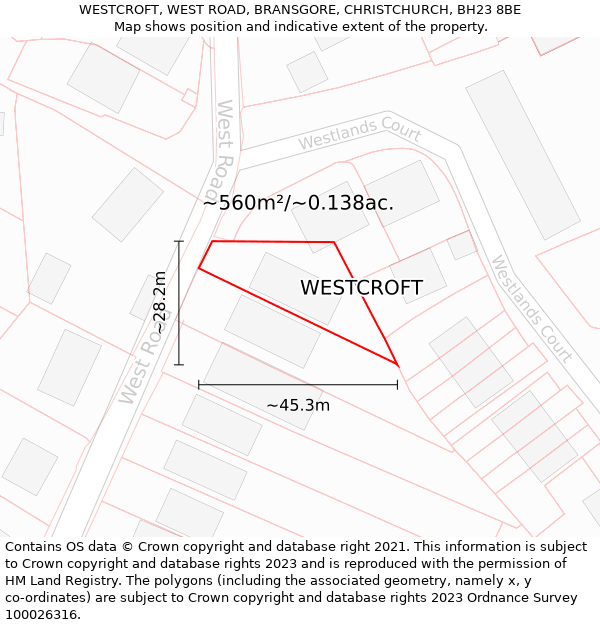 WESTCROFT, WEST ROAD, BRANSGORE, CHRISTCHURCH, BH23 8BE: Plot and title map