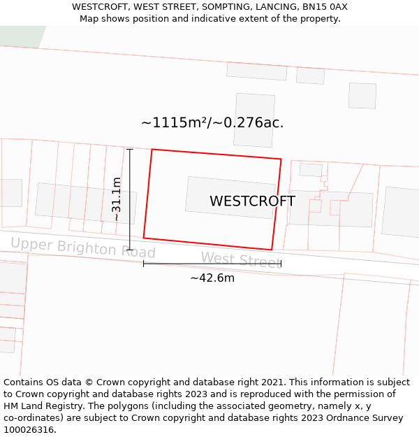 WESTCROFT, WEST STREET, SOMPTING, LANCING, BN15 0AX: Plot and title map
