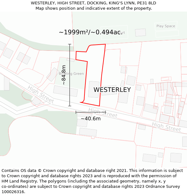 WESTERLEY, HIGH STREET, DOCKING, KING'S LYNN, PE31 8LD: Plot and title map