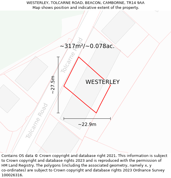 WESTERLEY, TOLCARNE ROAD, BEACON, CAMBORNE, TR14 9AA: Plot and title map