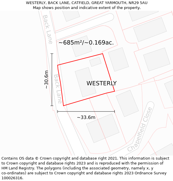 WESTERLY, BACK LANE, CATFIELD, GREAT YARMOUTH, NR29 5AU: Plot and title map