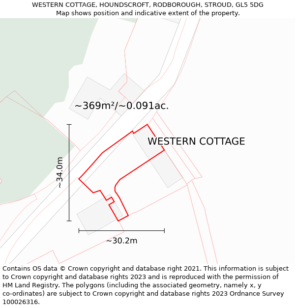 WESTERN COTTAGE, HOUNDSCROFT, RODBOROUGH, STROUD, GL5 5DG: Plot and title map