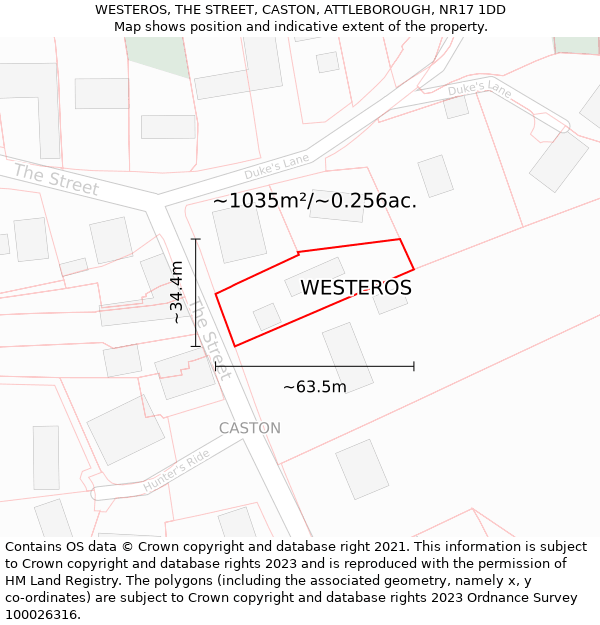 WESTEROS, THE STREET, CASTON, ATTLEBOROUGH, NR17 1DD: Plot and title map