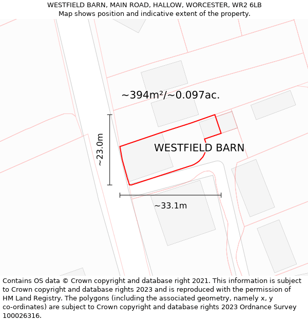 WESTFIELD BARN, MAIN ROAD, HALLOW, WORCESTER, WR2 6LB: Plot and title map