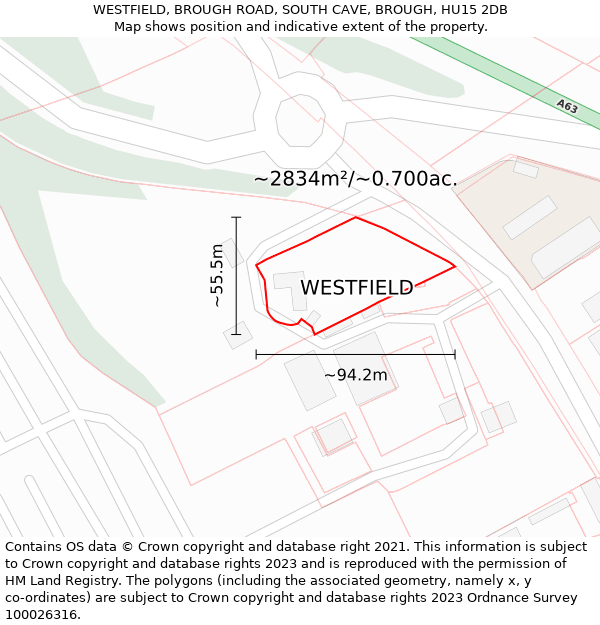 WESTFIELD, BROUGH ROAD, SOUTH CAVE, BROUGH, HU15 2DB: Plot and title map