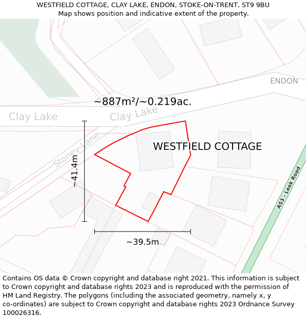 WESTFIELD COTTAGE, CLAY LAKE, ENDON, STOKE-ON-TRENT, ST9 9BU: Plot and title map