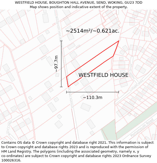 WESTFIELD HOUSE, BOUGHTON HALL AVENUE, SEND, WOKING, GU23 7DD: Plot and title map