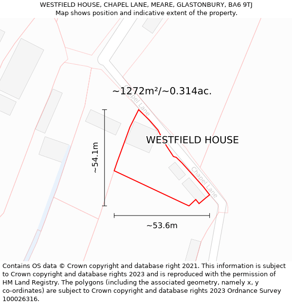 WESTFIELD HOUSE, CHAPEL LANE, MEARE, GLASTONBURY, BA6 9TJ: Plot and title map