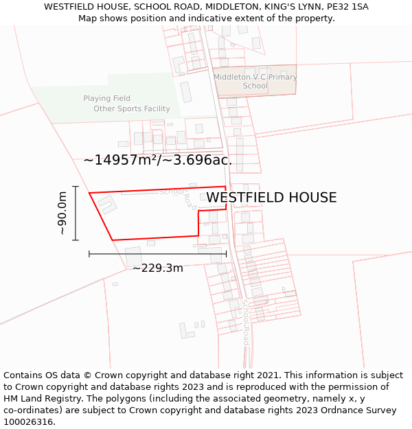 WESTFIELD HOUSE, SCHOOL ROAD, MIDDLETON, KING'S LYNN, PE32 1SA: Plot and title map