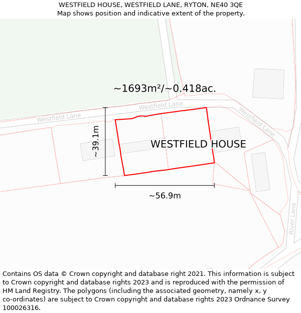 WESTFIELD HOUSE, WESTFIELD LANE, RYTON, NE40 3QE: Plot and title map