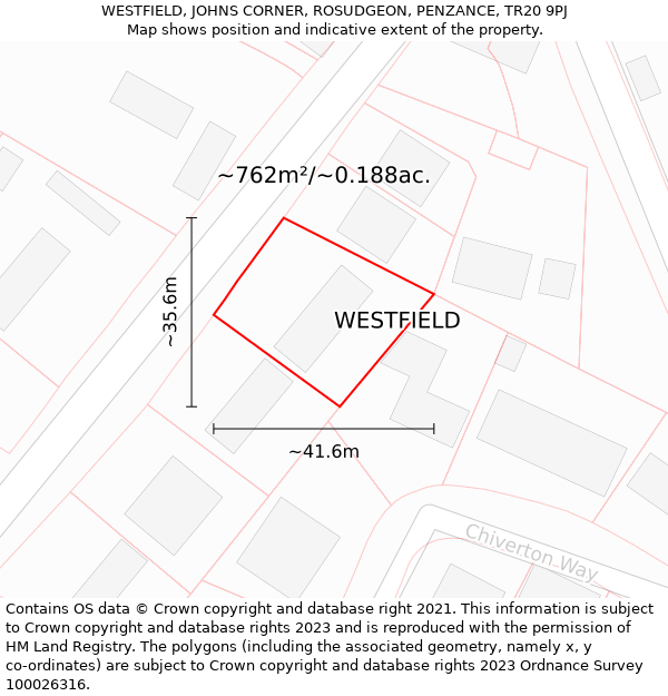 WESTFIELD, JOHNS CORNER, ROSUDGEON, PENZANCE, TR20 9PJ: Plot and title map