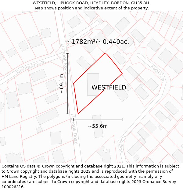 WESTFIELD, LIPHOOK ROAD, HEADLEY, BORDON, GU35 8LL: Plot and title map