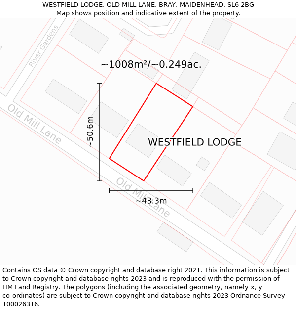 WESTFIELD LODGE, OLD MILL LANE, BRAY, MAIDENHEAD, SL6 2BG: Plot and title map