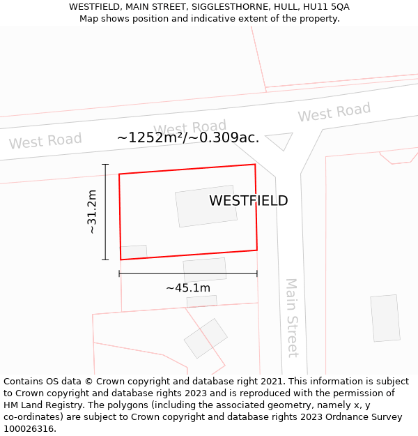 WESTFIELD, MAIN STREET, SIGGLESTHORNE, HULL, HU11 5QA: Plot and title map