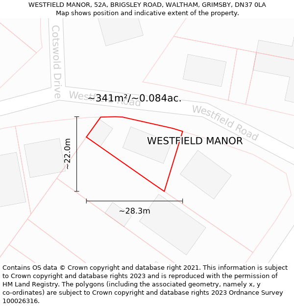 WESTFIELD MANOR, 52A, BRIGSLEY ROAD, WALTHAM, GRIMSBY, DN37 0LA: Plot and title map