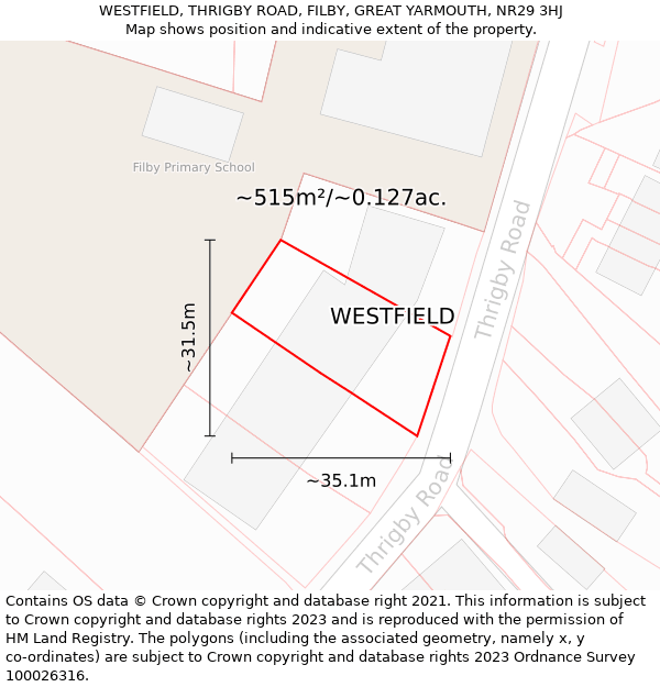 WESTFIELD, THRIGBY ROAD, FILBY, GREAT YARMOUTH, NR29 3HJ: Plot and title map