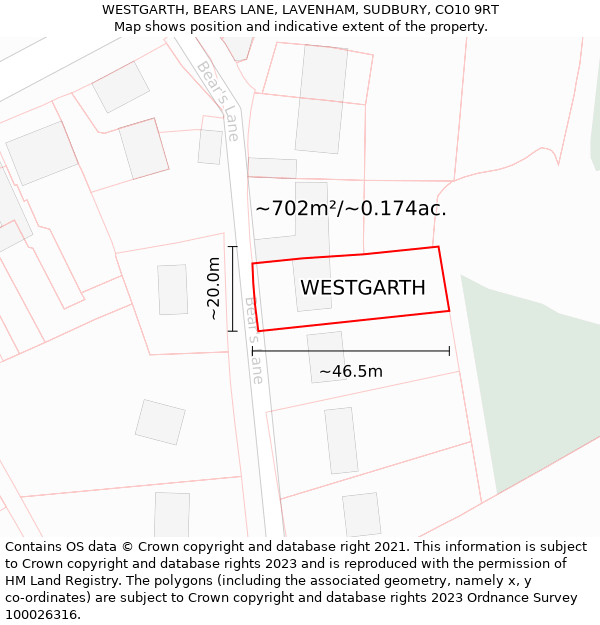 WESTGARTH, BEARS LANE, LAVENHAM, SUDBURY, CO10 9RT: Plot and title map