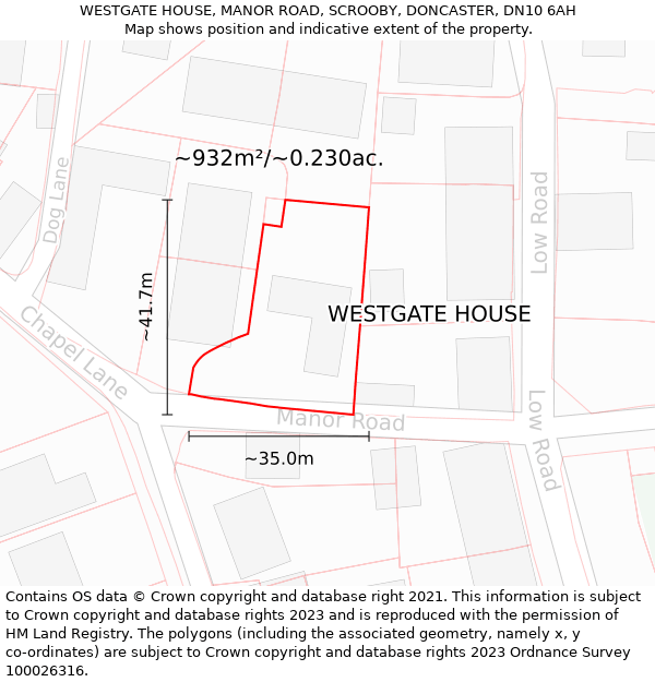 WESTGATE HOUSE, MANOR ROAD, SCROOBY, DONCASTER, DN10 6AH: Plot and title map