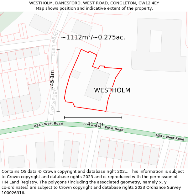 WESTHOLM, DANESFORD, WEST ROAD, CONGLETON, CW12 4EY: Plot and title map