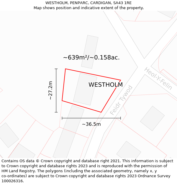 WESTHOLM, PENPARC, CARDIGAN, SA43 1RE: Plot and title map