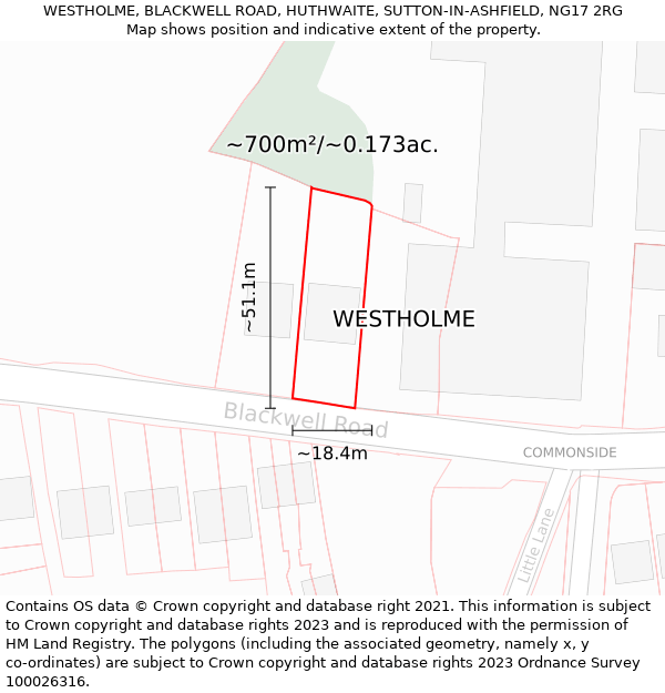 WESTHOLME, BLACKWELL ROAD, HUTHWAITE, SUTTON-IN-ASHFIELD, NG17 2RG: Plot and title map