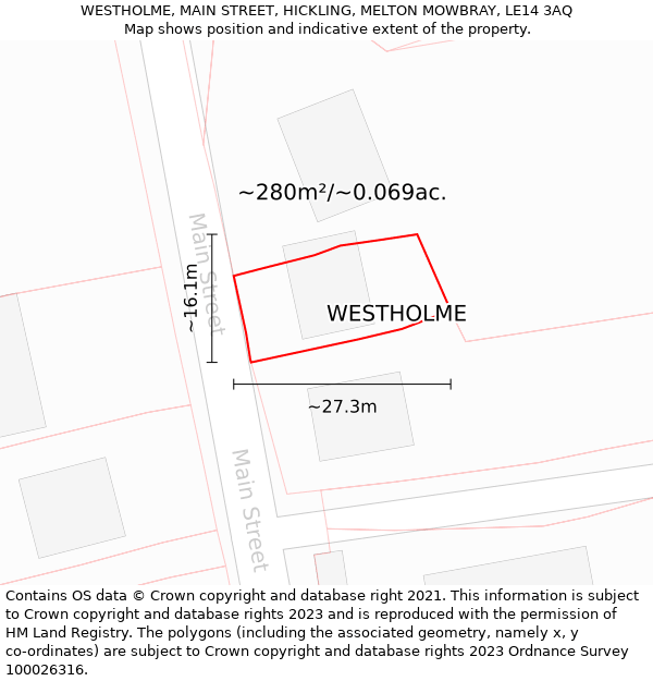WESTHOLME, MAIN STREET, HICKLING, MELTON MOWBRAY, LE14 3AQ: Plot and title map