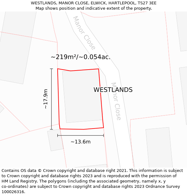 WESTLANDS, MANOR CLOSE, ELWICK, HARTLEPOOL, TS27 3EE: Plot and title map