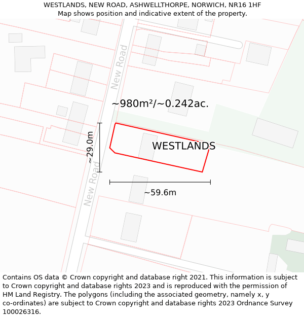 WESTLANDS, NEW ROAD, ASHWELLTHORPE, NORWICH, NR16 1HF: Plot and title map