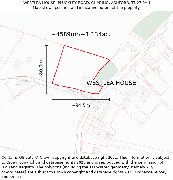 WESTLEA HOUSE, PLUCKLEY ROAD, CHARING, ASHFORD, TN27 0AH: Plot and title map