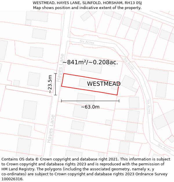 WESTMEAD, HAYES LANE, SLINFOLD, HORSHAM, RH13 0SJ: Plot and title map