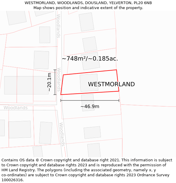 WESTMORLAND, WOODLANDS, DOUSLAND, YELVERTON, PL20 6NB: Plot and title map