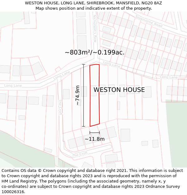 WESTON HOUSE, LONG LANE, SHIREBROOK, MANSFIELD, NG20 8AZ: Plot and title map