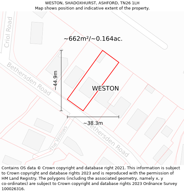 WESTON, SHADOXHURST, ASHFORD, TN26 1LH: Plot and title map