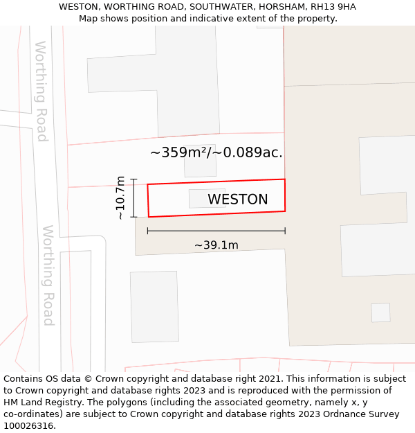 WESTON, WORTHING ROAD, SOUTHWATER, HORSHAM, RH13 9HA: Plot and title map