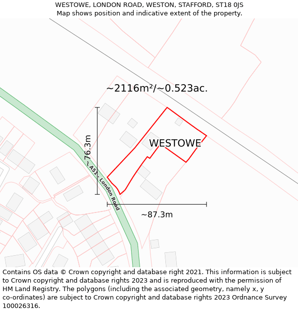 WESTOWE, LONDON ROAD, WESTON, STAFFORD, ST18 0JS: Plot and title map