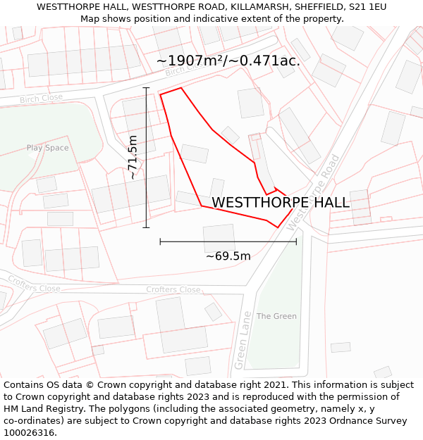 WESTTHORPE HALL, WESTTHORPE ROAD, KILLAMARSH, SHEFFIELD, S21 1EU: Plot and title map