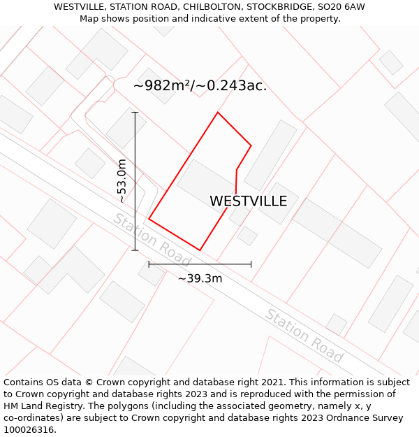 WESTVILLE, STATION ROAD, CHILBOLTON, STOCKBRIDGE, SO20 6AW: Plot and title map