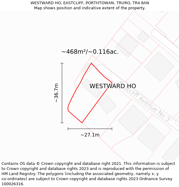 WESTWARD HO, EASTCLIFF, PORTHTOWAN, TRURO, TR4 8AN: Plot and title map