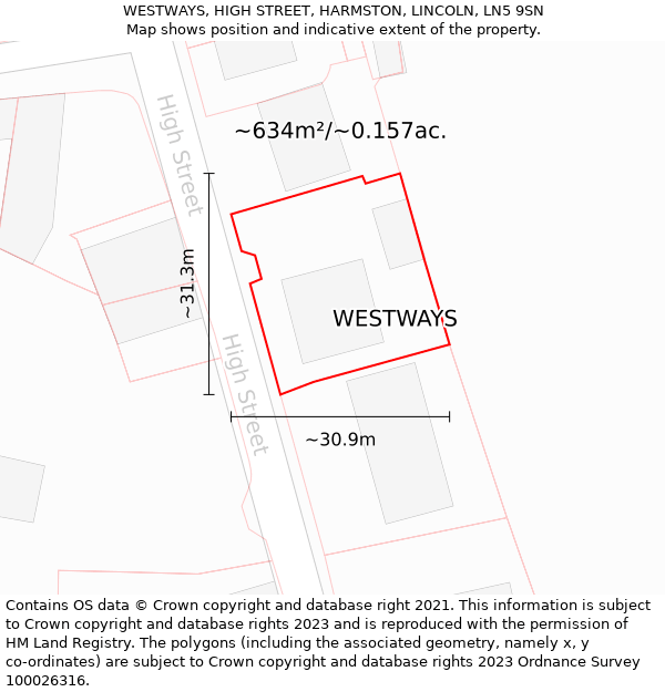 WESTWAYS, HIGH STREET, HARMSTON, LINCOLN, LN5 9SN: Plot and title map