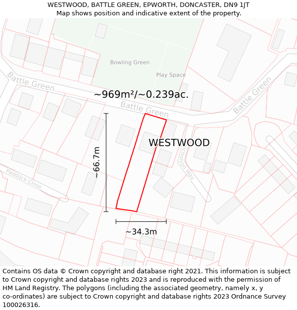 WESTWOOD, BATTLE GREEN, EPWORTH, DONCASTER, DN9 1JT: Plot and title map