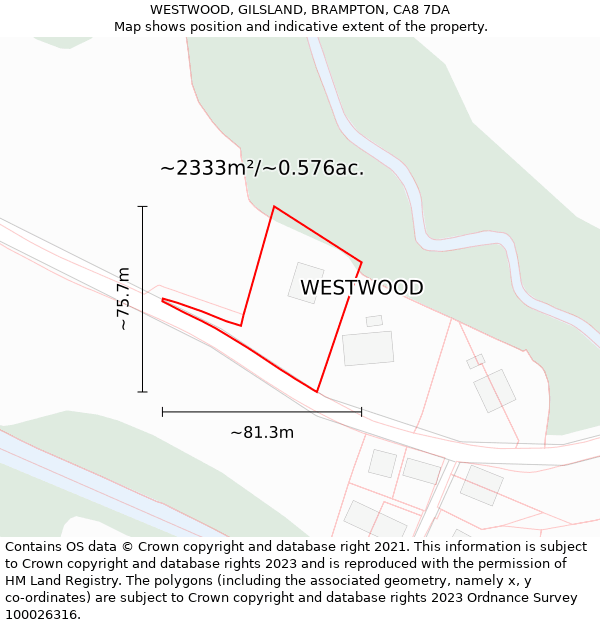 WESTWOOD, GILSLAND, BRAMPTON, CA8 7DA: Plot and title map