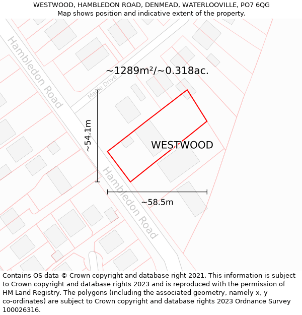 WESTWOOD, HAMBLEDON ROAD, DENMEAD, WATERLOOVILLE, PO7 6QG: Plot and title map