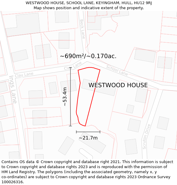WESTWOOD HOUSE, SCHOOL LANE, KEYINGHAM, HULL, HU12 9RJ: Plot and title map