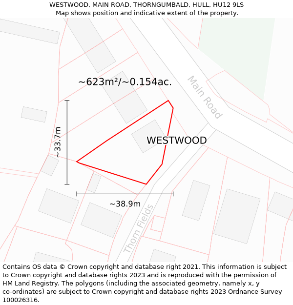 WESTWOOD, MAIN ROAD, THORNGUMBALD, HULL, HU12 9LS: Plot and title map