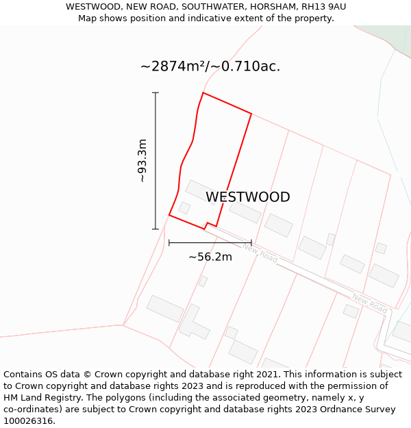 WESTWOOD, NEW ROAD, SOUTHWATER, HORSHAM, RH13 9AU: Plot and title map