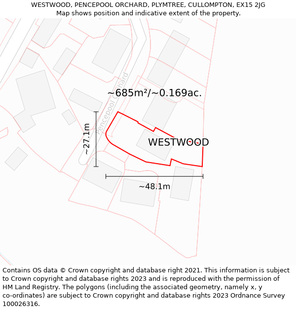 WESTWOOD, PENCEPOOL ORCHARD, PLYMTREE, CULLOMPTON, EX15 2JG: Plot and title map