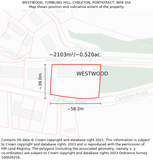 WESTWOOD, TUMBLING HILL, CARLETON, PONTEFRACT, WF8 3SA: Plot and title map