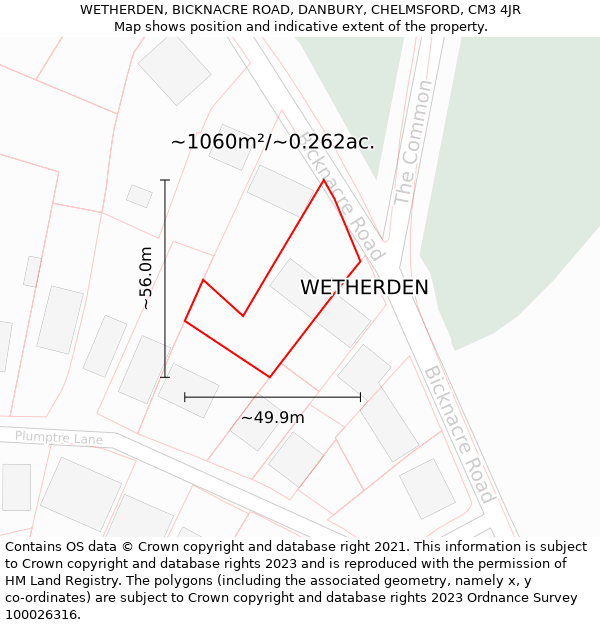 WETHERDEN, BICKNACRE ROAD, DANBURY, CHELMSFORD, CM3 4JR: Plot and title map