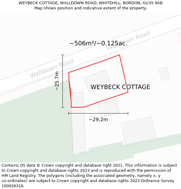 WEYBECK COTTAGE, WALLDOWN ROAD, WHITEHILL, BORDON, GU35 9AB: Plot and title map