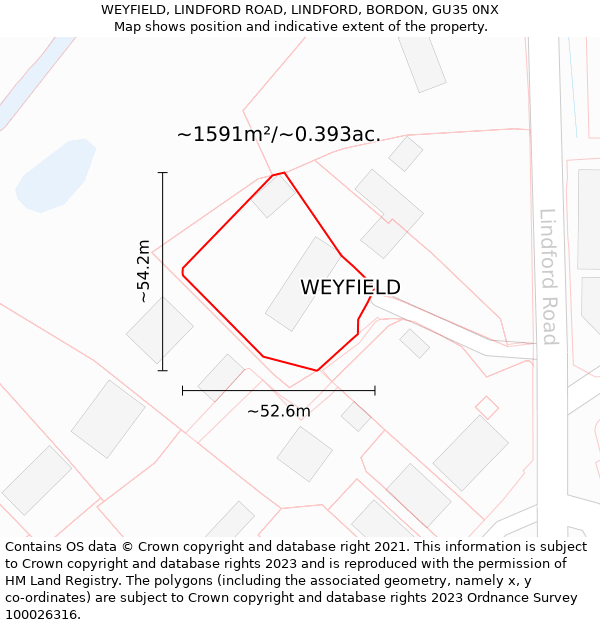 WEYFIELD, LINDFORD ROAD, LINDFORD, BORDON, GU35 0NX: Plot and title map